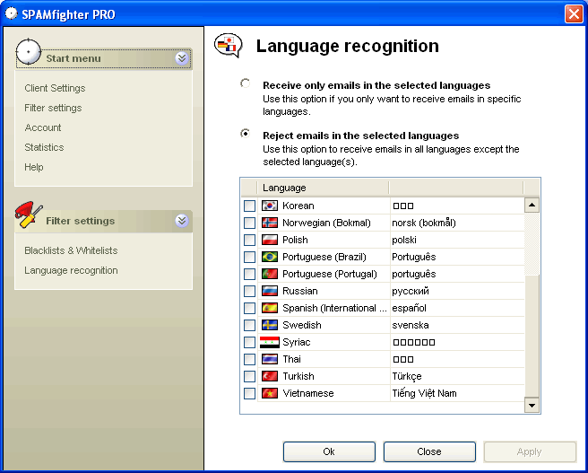 SPAMfighter Languages Filter